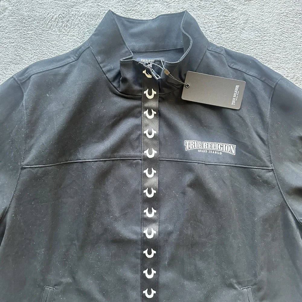 NWT True Religion Jacket‎ Mens L Black Zip Up Buddha Back Logo Streetwear Y2K